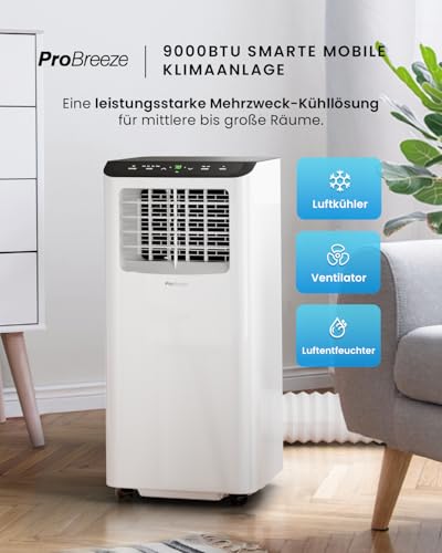 Pro Breeze™ 4-in-1 Mobile Klimaanlage mit 9000 BTU - Luftkühler, Ventilator, Luftentfeuchter, Nachtmodus - Klimagerät mit Energieklasse A, Fensterabdichtung Set, Fernbedienung und 24h Timer – Bild 2