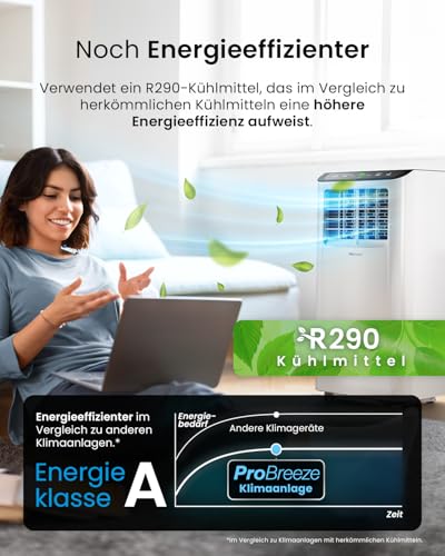 Pro Breeze™ 4-in-1 Mobile Klimaanlage mit 9000 BTU - Luftkühler, Ventilator, Luftentfeuchter, Nachtmodus - Klimagerät mit Energieklasse A, Fensterabdichtung Set, Fernbedienung und 24h Timer – Bild 5