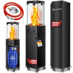 KESSER® Gasheizstrahler 4/8 kW Gas Piezozündung Heizung Gasdruckregler Cover, 360° Rollen Kippschutz, Terrassenheizstrahler Gasheizung Gasheizer Outdoor Kamin Mobiler Heizpilz, Heizer, Schwarz