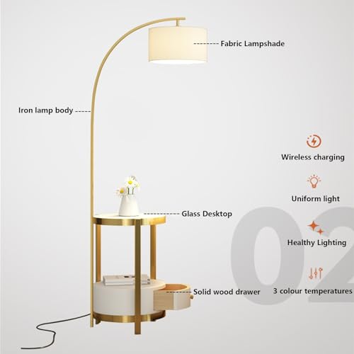 Wohnzimmer Lampen Moderne Stehleuchte mit 3 Farben und Temperaturen, Beistelltischlampen Schublade Stahllampen Für Wohnzimmer(Gold) – Bild 4