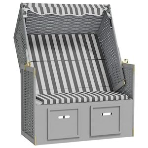 vidaXL Strandkorb mit Dach Gartenliege Volllieger Sonneninsel Sonnenliege Strandliege Liege Zweisitzer Strand Poly Rattan Massivholz Grau Weiß