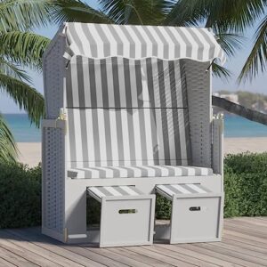 Alternative view of vidaXL Strandkorb mit Dach Gartenliege Volllieger Sonneninsel Sonnenliege Strandliege Liege Zweisitzer Strand Poly Rattan Massivholz Grau Weiß