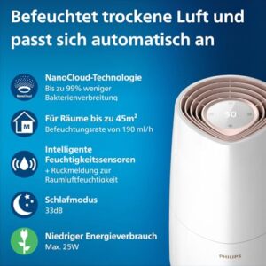 Alternative view of PHILIPS Luftbefeuchter 3000 Serie, für 45 m², NanoCloud, 99,97% weniger Bakterien, 300 ml/h, 3 Stufen, Schlafmodus, Ultraleise (33 dB), Feuchtigkeitssensor, Timer, 3L Tank, Weiß (HU3916/10)