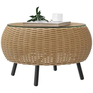 Outsunny Beistelltisch aus Polyrattan runder Kaffeetisch Couchtisch mit Glas Tischplatte Balkontisch Gartentisch Sofatisch Teetisch Rattantisch für Garten Terrasse Balkon, Ø75 x 42 cm Braun