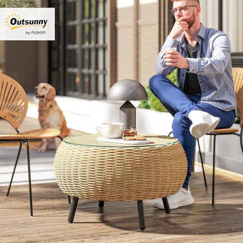 Outsunny Beistelltisch aus Polyrattan runder Kaffeetisch Couchtisch mit Glas Tischplatte Balkontisch Gartentisch Sofatisch Teetisch Rattantisch für Garten Terrasse Balkon, Ø75 x 42 cm Braun – Bild 2