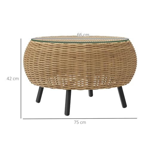Outsunny Beistelltisch aus Polyrattan runder Kaffeetisch Couchtisch mit Glas Tischplatte Balkontisch Gartentisch Sofatisch Teetisch Rattantisch für Garten Terrasse Balkon, Ø75 x 42 cm Braun – Bild 3