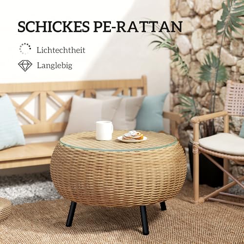 Outsunny Beistelltisch aus Polyrattan runder Kaffeetisch Couchtisch mit Glas Tischplatte Balkontisch Gartentisch Sofatisch Teetisch Rattantisch für Garten Terrasse Balkon, Ø75 x 42 cm Braun – Bild 6
