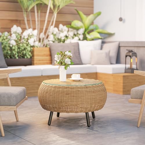 Outsunny Beistelltisch aus Polyrattan runder Kaffeetisch Couchtisch mit Glas Tischplatte Balkontisch Gartentisch Sofatisch Teetisch Rattantisch für Garten Terrasse Balkon, Ø75 x 42 cm Braun – Bild 7
