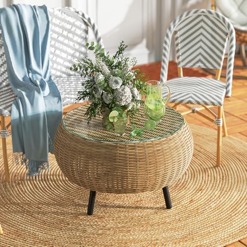 Outsunny Beistelltisch aus Polyrattan runder Kaffeetisch Couchtisch mit Glas Tischplatte Balkontisch Gartentisch Sofatisch Teetisch Rattantisch für Garten Terrasse Balkon, Ø75 x 42 cm Braun – Bild 8
