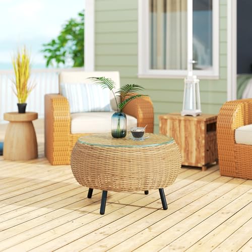 Outsunny Beistelltisch aus Polyrattan runder Kaffeetisch Couchtisch mit Glas Tischplatte Balkontisch Gartentisch Sofatisch Teetisch Rattantisch für Garten Terrasse Balkon, Ø75 x 42 cm Braun – Bild 9