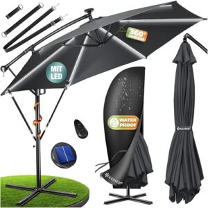 KESSER® Alu Ampelschirm LED Solar Ø350cm Inkl. Abdeckung Fernbedienung Kurbelvorrichtung Kurbelschirm mit Ständer 360° Funktion UV-Schutz Aluminium Wasserabweisend Garten-Schirm Marktschirm Anthrazit