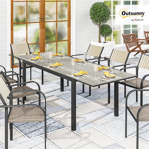 Outsunny Gartentisch Ausziehbarer Esstisch für 6-8 Personen, 160/240 x 90cm Aluminium Balkontisch mit Holzoptik Wetterfest Terrassentisch Outdoor Buffettisch für Garten, Terrasse Balkon Grau – Bild 2