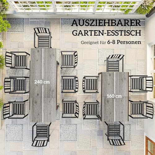 Outsunny Gartentisch Ausziehbarer Esstisch für 6-8 Personen, 160/240 x 90cm Aluminium Balkontisch mit Holzoptik Wetterfest Terrassentisch Outdoor Buffettisch für Garten, Terrasse Balkon Grau – Bild 3