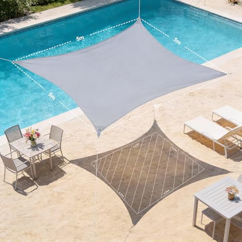 HAIKUS Sonnensegel Wasserdicht Rechteckig 5x5m Sonnenschutz Wasserabweisend Premium PES Polyester mit UV Schutz für Balkon Garten Terrasse Quadratisch Hellgrau – Bild 3