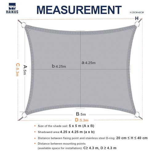 HAIKUS Sonnensegel Wasserdicht Rechteckig 5x5m Sonnenschutz Wasserabweisend Premium PES Polyester mit UV Schutz für Balkon Garten Terrasse Quadratisch Hellgrau – Bild 4