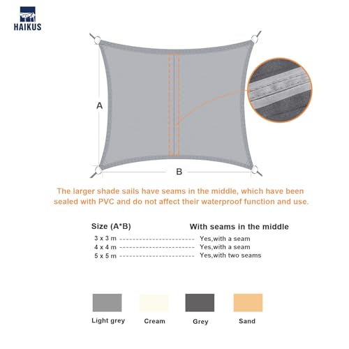HAIKUS Sonnensegel Wasserdicht Rechteckig 5x5m Sonnenschutz Wasserabweisend Premium PES Polyester mit UV Schutz für Balkon Garten Terrasse Quadratisch Hellgrau – Bild 7