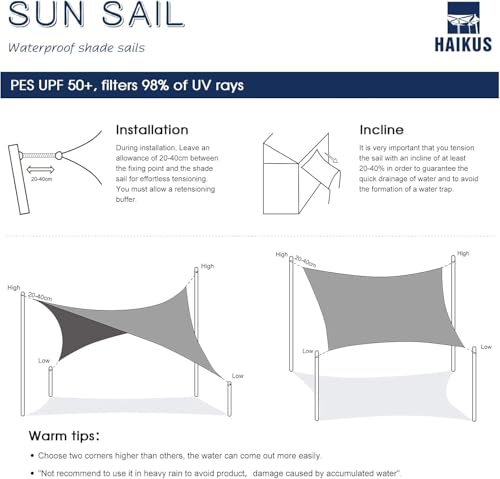 HAIKUS Sonnensegel Wasserdicht Rechteckig 5x5m Sonnenschutz Wasserabweisend Premium PES Polyester mit UV Schutz für Balkon Garten Terrasse Quadratisch Hellgrau – Bild 8