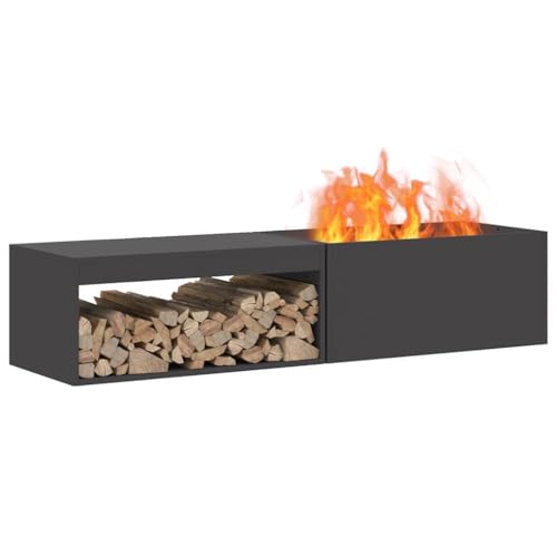 vidaXL Feuerstelle mit Holzlagerung in Schwarz, 80 x 45 x 35 cm, aus robustem Stahl. Rechteckiger Außenkamin für die Terrasse. Hitzebeständig und wetterfest im Industrie-Stil. Ideal für den Garten.