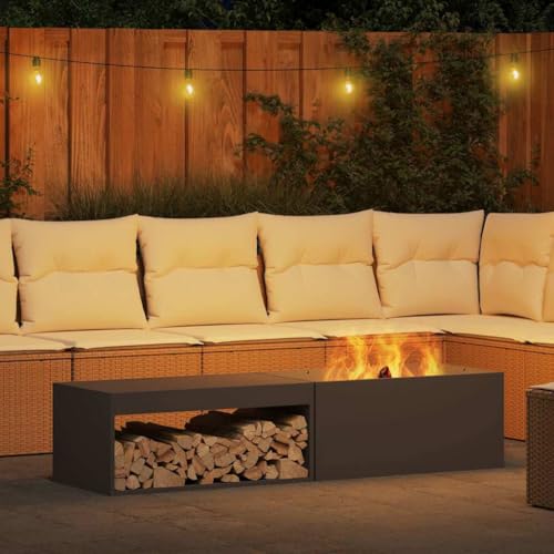 vidaXL Feuerstelle mit Holzlagerung in Schwarz, 80 x 45 x 35 cm, aus robustem Stahl. Rechteckiger Außenkamin für die Terrasse. Hitzebeständig und wetterfest im Industrie-Stil. Ideal für den Garten. – Bild 2
