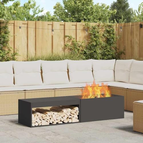 vidaXL Feuerstelle mit Holzlagerung in Schwarz, 80 x 45 x 35 cm, aus robustem Stahl. Rechteckiger Außenkamin für die Terrasse. Hitzebeständig und wetterfest im Industrie-Stil. Ideal für den Garten. – Bild 3