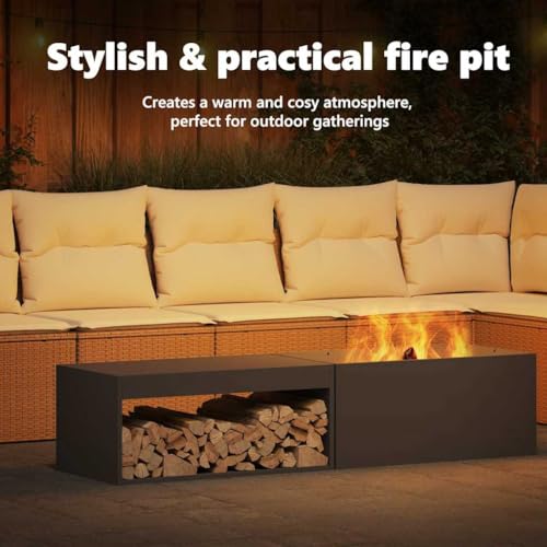 vidaXL Feuerstelle mit Holzlagerung in Schwarz, 80 x 45 x 35 cm, aus robustem Stahl. Rechteckiger Außenkamin für die Terrasse. Hitzebeständig und wetterfest im Industrie-Stil. Ideal für den Garten. – Bild 5