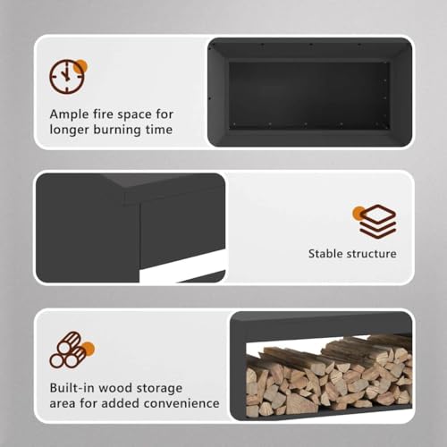 vidaXL Feuerstelle mit Holzlagerung in Schwarz, 80 x 45 x 35 cm, aus robustem Stahl. Rechteckiger Außenkamin für die Terrasse. Hitzebeständig und wetterfest im Industrie-Stil. Ideal für den Garten. – Bild 6