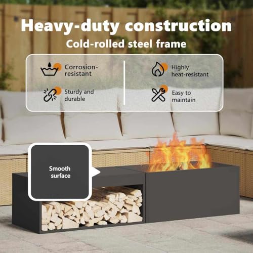 vidaXL Feuerstelle mit Holzlagerung in Schwarz, 80 x 45 x 35 cm, aus robustem Stahl. Rechteckiger Außenkamin für die Terrasse. Hitzebeständig und wetterfest im Industrie-Stil. Ideal für den Garten. – Bild 7
