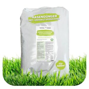 TerraDomi 2 in 1 Rasendünger mit Unkrautvernichter 10kg für über 500 m² | 100 Tage Langzeitwirkung | Unkrautfrei & saftig grüner Rasen dank Rasenunkrautvernichter mit Dünger