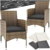 tectake® 2er Set Gartenstuhl aus Polyrattan, Gartenmöbel Set mit 2 Sessel, Outdoor Rattansessel inklusive Sitzpolster und 2 Bezugssets, rostfreie Edelstahlschrauben, pflegeleicht - Natur/dunkelgrau