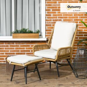 Alternative view of Outsunny Rattan Relaxsessel mit Fußhocker Outdoor Rattanstuhl mit Verstellbarer Rückenlehne Kissen, Gartensessel für Balkon Garten, Polyester, Stahl, Natur