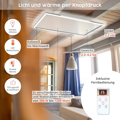 Könighaus LED Infrarotheizung 1000W ✓ Deckenheizung mit LED-Beleuchtung ✓ 5 Jahre Garantie ✓ Doppelter Überhitzungsschutz ✓ Fernbedienung ✓ Helligkeit einstellbar: Kalt-, Neutral-, Warmweiß – Bild 3
