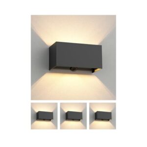 ledscom.de 4 Stück Wandleuchte CUBEL, Dämmerungssensor, Bewegungmelder für außen, IP65, Up-/Downlight, anthrazit matt, rechteckig, 2x G9 max. 10W
