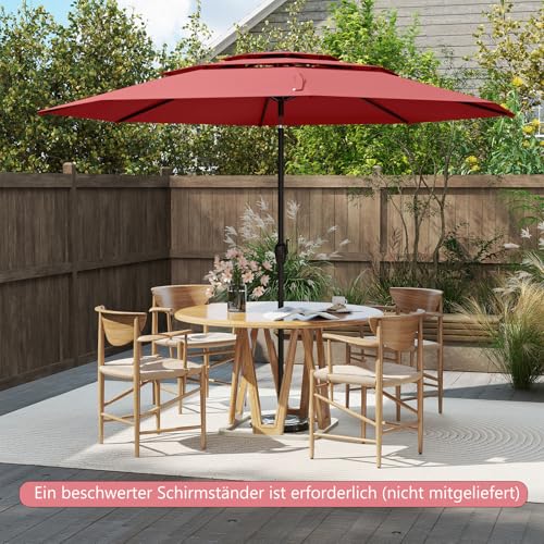COSTWAY Sonnenschirm windfest stabil, 300 cm Gartenschirm mit Kurbel, beidseitig um 30° knickbar, UV-Schutz, Terrassenschirm belüftet, Marktschirm für Terrasse, Garten, Balkon (Weinrot) – Bild 2
