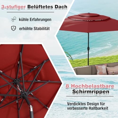 COSTWAY Sonnenschirm windfest stabil, 300 cm Gartenschirm mit Kurbel, beidseitig um 30° knickbar, UV-Schutz, Terrassenschirm belüftet, Marktschirm für Terrasse, Garten, Balkon (Weinrot) – Bild 3