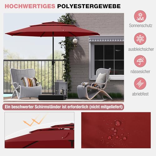 COSTWAY Sonnenschirm windfest stabil, 300 cm Gartenschirm mit Kurbel, beidseitig um 30° knickbar, UV-Schutz, Terrassenschirm belüftet, Marktschirm für Terrasse, Garten, Balkon (Weinrot) – Bild 4