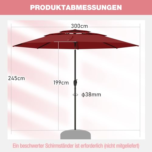 COSTWAY Sonnenschirm windfest stabil, 300 cm Gartenschirm mit Kurbel, beidseitig um 30° knickbar, UV-Schutz, Terrassenschirm belüftet, Marktschirm für Terrasse, Garten, Balkon (Weinrot) – Bild 5