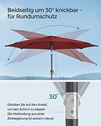 SONGMICS Sonnenschirm 300 cm, UPF 50 , Strandschirm, beidseitig um 30° knickbar, Sonnenschutz, mit Kurbel zum Öffnen/Schließen, für Terrasse, Balkon, Pool, ohne Ständer, rot GPU30RD – Bild 4
