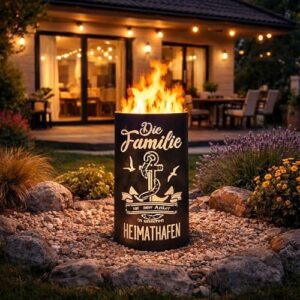TiKo-Design® Feuertonne aus Stahl Feuerkorb Garten Motiv Die Familie Heimathafen Feuerstelle Outdoor Terrasse Lagerfeuer Grillparty Dekoration
