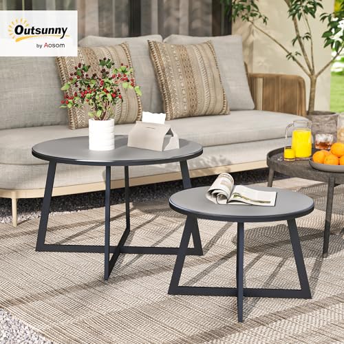 Outsunny 2er Set Beistelltisch Stapelbar Gartentisch Rund wetterfest Balkontisch mit X-Beine Glasplatte Stahl Campingtisch Kaffeetisch für Wohnzimmer Büro Outdoor Indoor Schwarz Grau – Bild 2