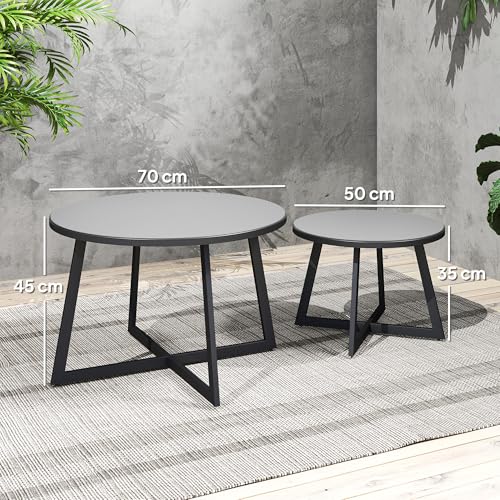 Outsunny 2er Set Beistelltisch Stapelbar Gartentisch Rund wetterfest Balkontisch mit X-Beine Glasplatte Stahl Campingtisch Kaffeetisch für Wohnzimmer Büro Outdoor Indoor Schwarz Grau – Bild 3