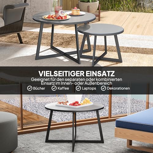 Outsunny 2er Set Beistelltisch Stapelbar Gartentisch Rund wetterfest Balkontisch mit X-Beine Glasplatte Stahl Campingtisch Kaffeetisch für Wohnzimmer Büro Outdoor Indoor Schwarz Grau – Bild 4