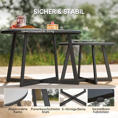Outsunny 2er Set Beistelltisch Stapelbar Gartentisch Rund wetterfest Balkontisch mit X-Beine Glasplatte Stahl Campingtisch Kaffeetisch für Wohnzimmer Büro Outdoor Indoor Schwarz Grau – Bild 6