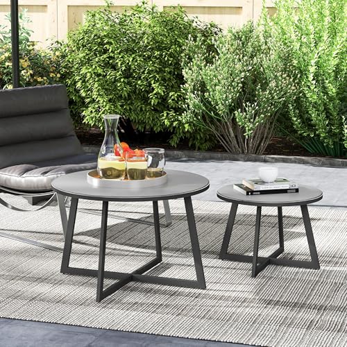 Outsunny 2er Set Beistelltisch Stapelbar Gartentisch Rund wetterfest Balkontisch mit X-Beine Glasplatte Stahl Campingtisch Kaffeetisch für Wohnzimmer Büro Outdoor Indoor Schwarz Grau – Bild 7