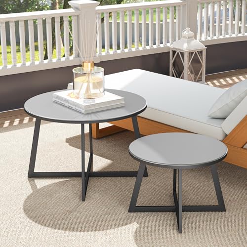 Outsunny 2er Set Beistelltisch Stapelbar Gartentisch Rund wetterfest Balkontisch mit X-Beine Glasplatte Stahl Campingtisch Kaffeetisch für Wohnzimmer Büro Outdoor Indoor Schwarz Grau – Bild 8