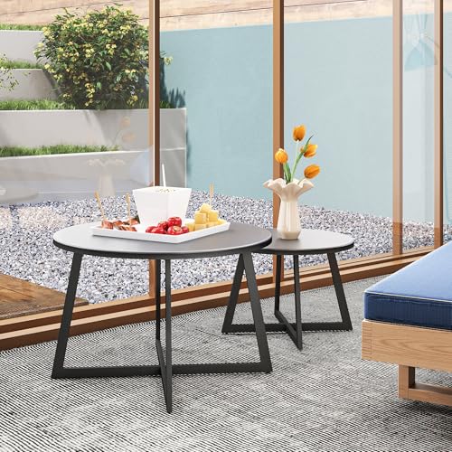 Outsunny 2er Set Beistelltisch Stapelbar Gartentisch Rund wetterfest Balkontisch mit X-Beine Glasplatte Stahl Campingtisch Kaffeetisch für Wohnzimmer Büro Outdoor Indoor Schwarz Grau – Bild 9