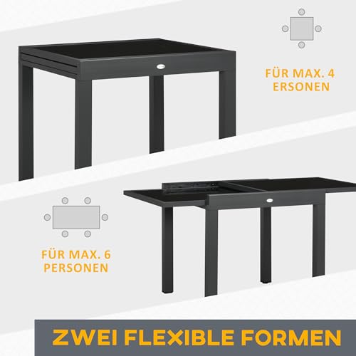 Outsunny Gartentisch, Balkontisch mit Klappbarer Tischplatte, Terrassentisch mit Glas Tischplatte, Esstisch für Garten, 160 x 80 x 75 cm Schwarz – Bild 4
