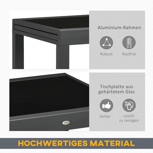 Outsunny Gartentisch, Balkontisch mit Klappbarer Tischplatte, Terrassentisch mit Glas Tischplatte, Esstisch für Garten, 160 x 80 x 75 cm Schwarz – Bild 6