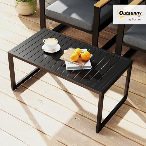 Outsunny Beistelltisch mit Lamellendesign Balkontisch aus Aluminium Kaffeetisch wetterfest Gartentisch pflegeleicht Sofatisch Outdoor Tisch für Balkon Garten Terrasse 90 x 50 x 42 cm Schwarz – Bild 2