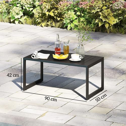 Outsunny Beistelltisch mit Lamellendesign Balkontisch aus Aluminium Kaffeetisch wetterfest Gartentisch pflegeleicht Sofatisch Outdoor Tisch für Balkon Garten Terrasse 90 x 50 x 42 cm Schwarz – Bild 3