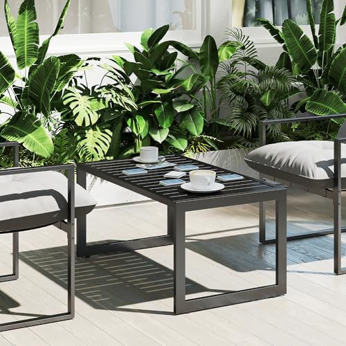 Outsunny Beistelltisch mit Lamellendesign Balkontisch aus Aluminium Kaffeetisch wetterfest Gartentisch pflegeleicht Sofatisch Outdoor Tisch für Balkon Garten Terrasse 90 x 50 x 42 cm Schwarz – Bild 9